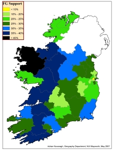 Fine Gael support by constituency in 2007 General Election