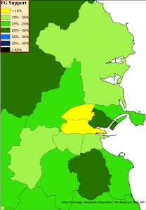 Fine Gael support in Dublin constituencies, 2007